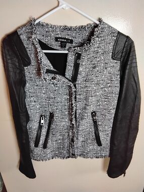Kenna-T Tweed and Faux Leather Moto Zip Front Jacket Size Small
